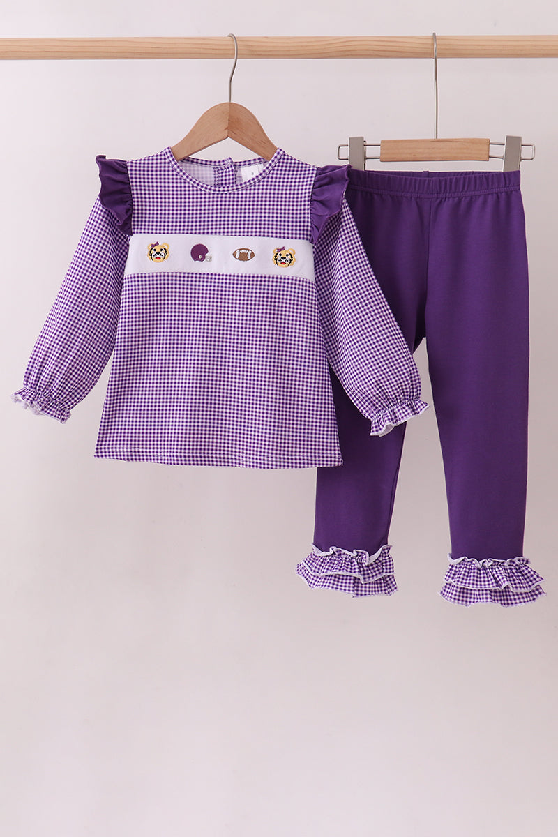 Premium Purple LSU tiger football embroidery gingham ruffle pants set