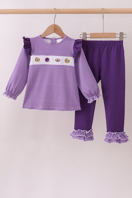 Premium Purple LSU tiger football embroidery gingham ruffle pants set