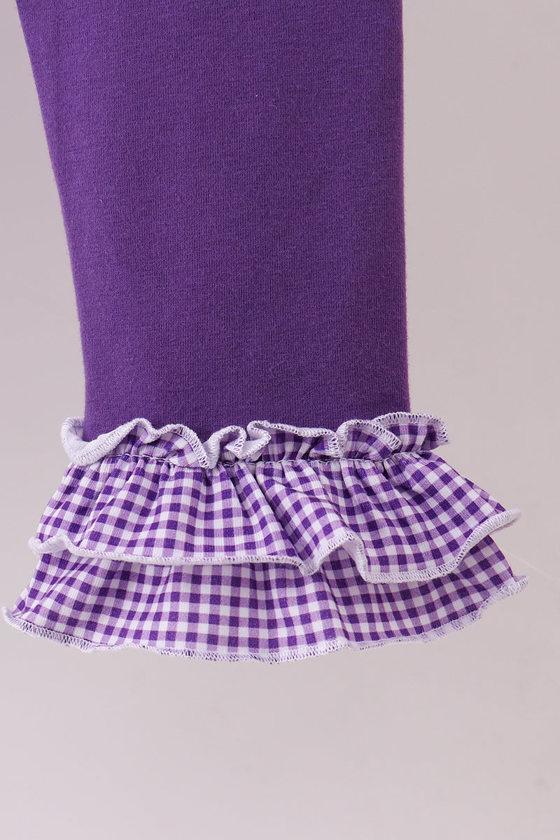 Premium Purple LSU tiger football embroidery gingham ruffle pants set