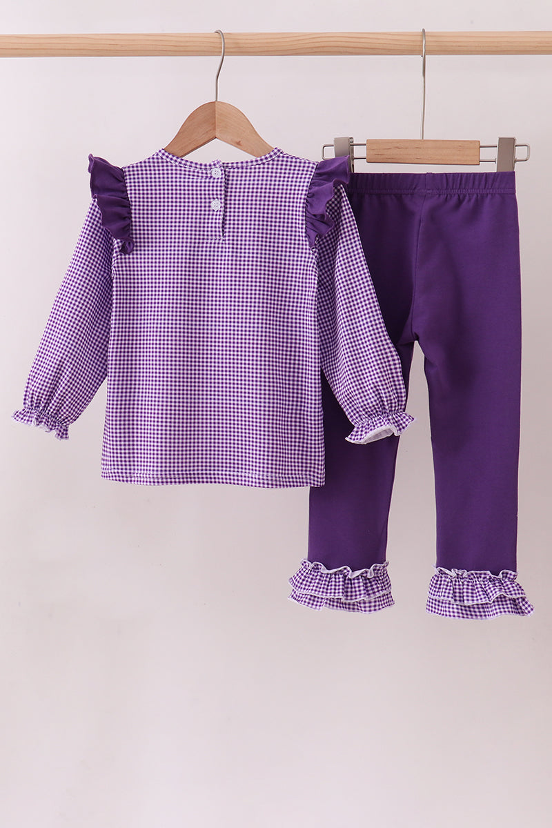 Premium Purple LSU tiger football embroidery gingham ruffle pants set