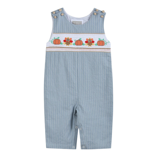 Light Blue Pinstripe Turkey Smocked Overalls