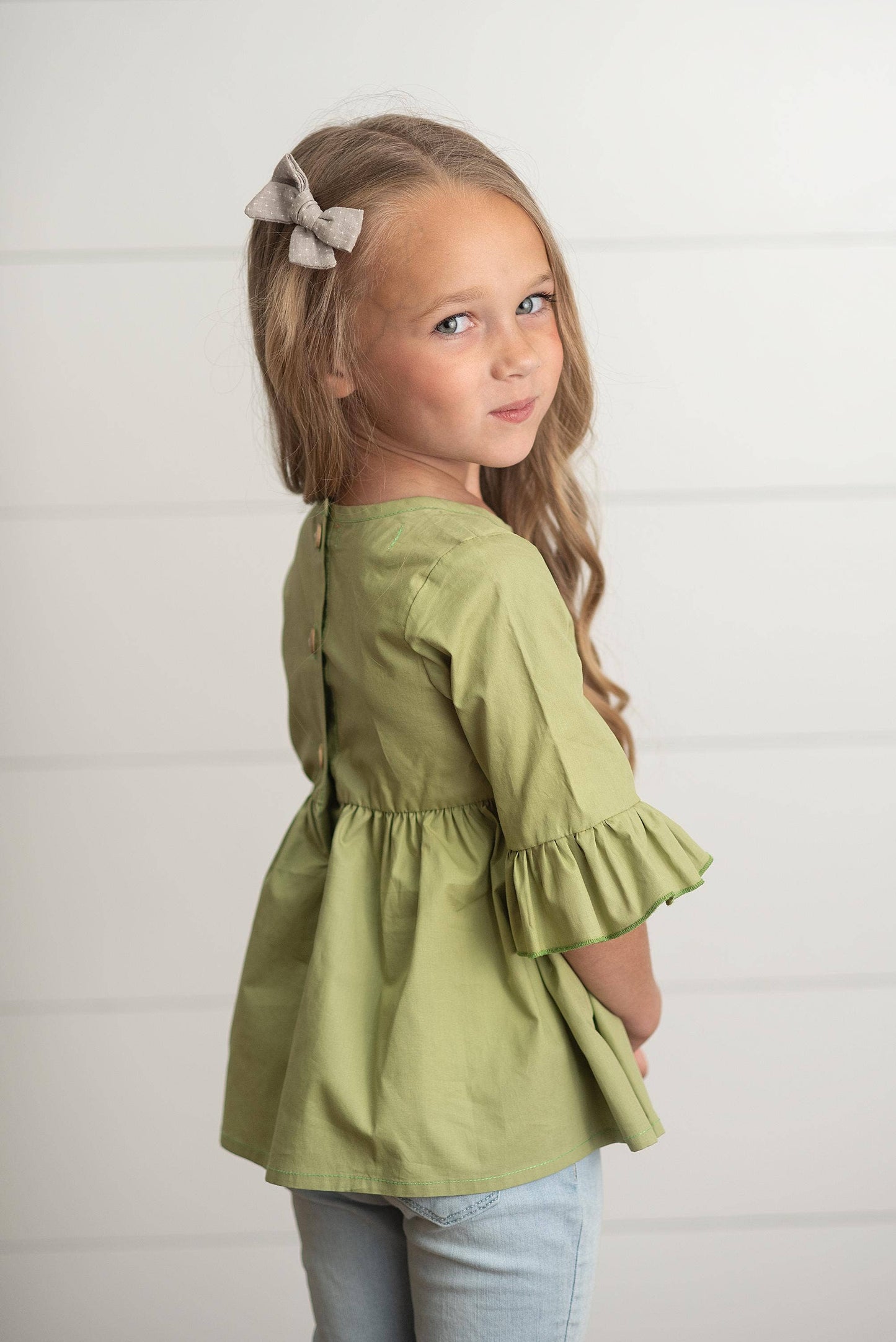 Kids Sage Ruffle Long Sleeve Fall Shirt With Buttons