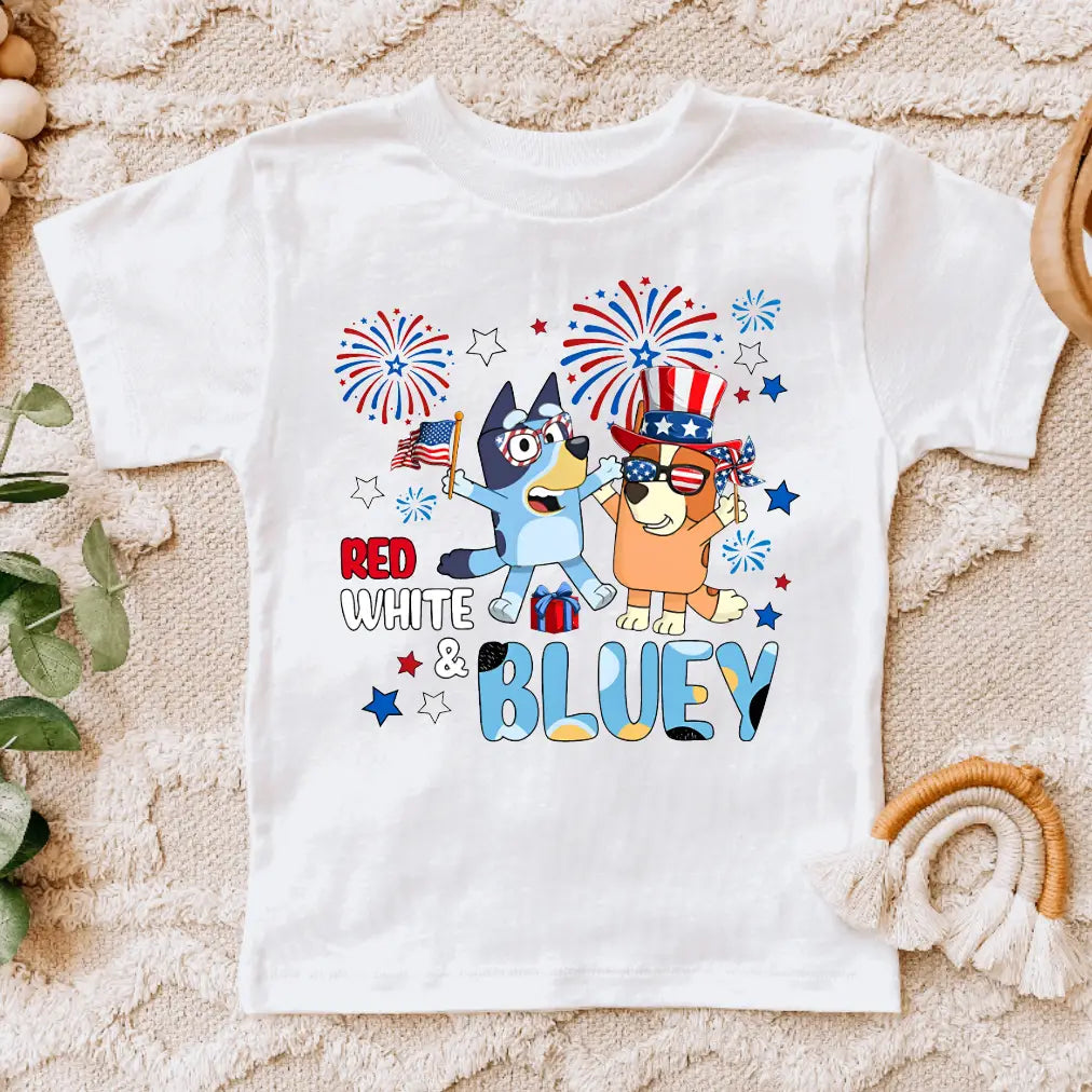 Red White and Bluey Kids 4th of July Tee Shirt