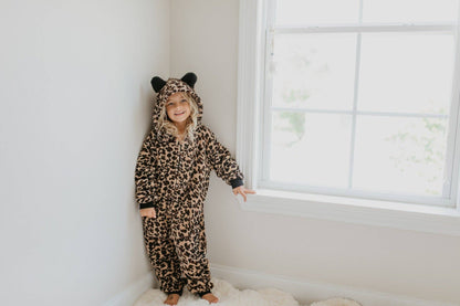 Winter Kids Fuzzy Fur Leopard Onesie with Critter Ears