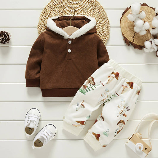 2pcs Brown Corduroy Fuzzy Trim and Pants Set