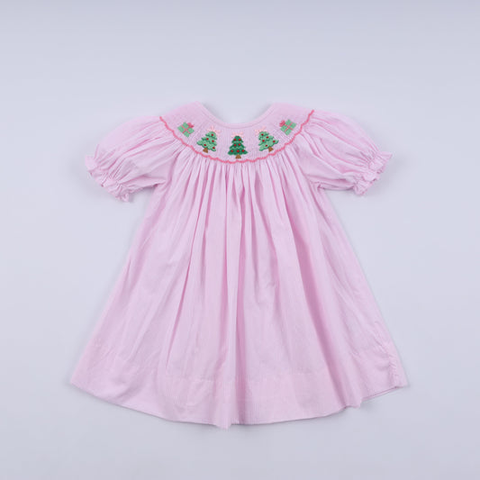 Pink christmas tree hand smocked dress
