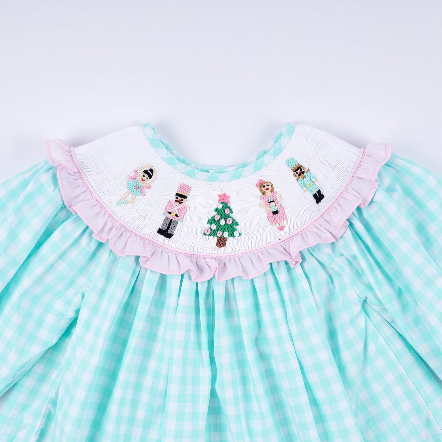 Mint christmas nutcracker hand smocked gingham ruffle pants set