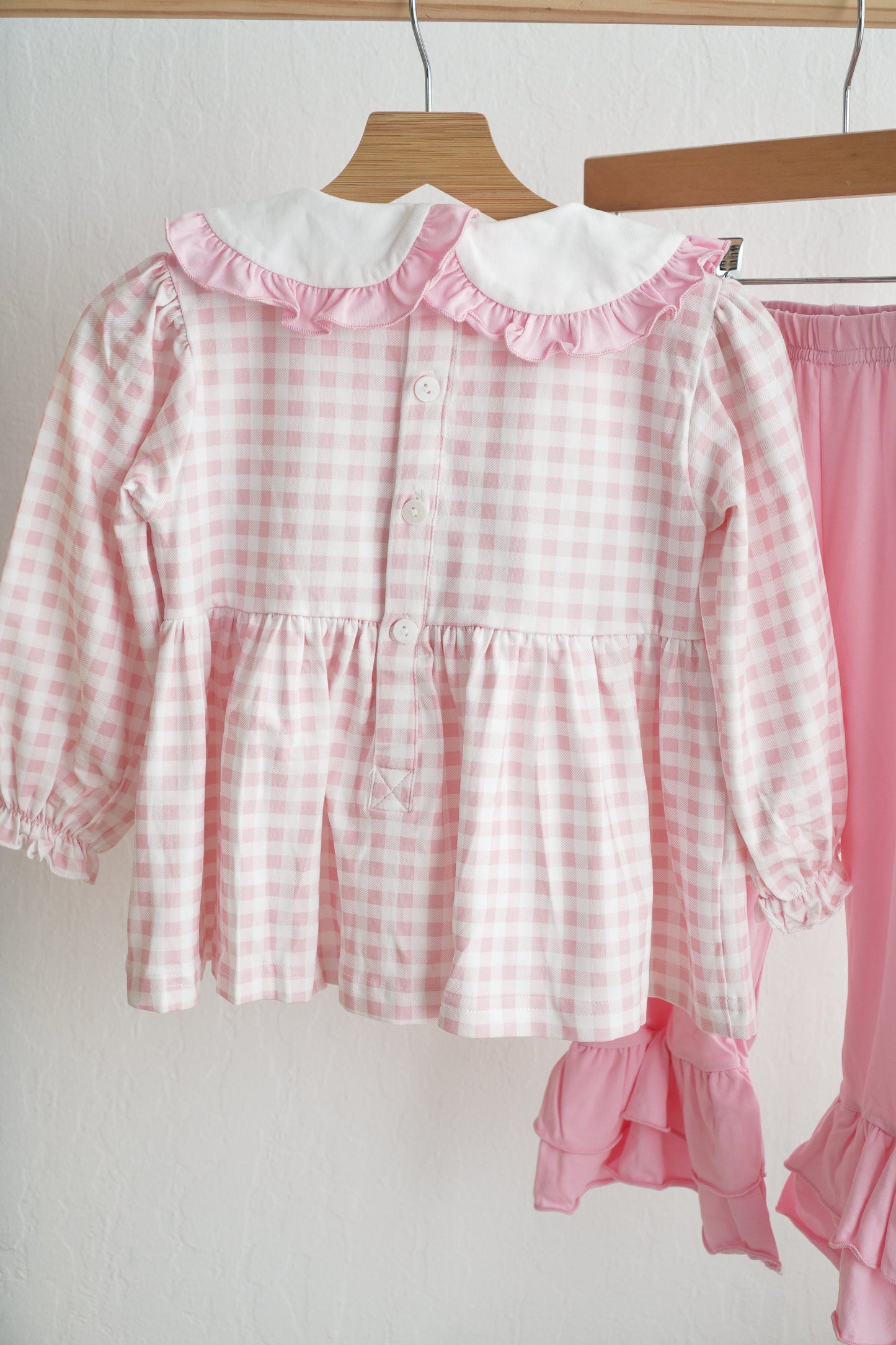 Pink gingerbread hand smocked gingham ruffle pants set