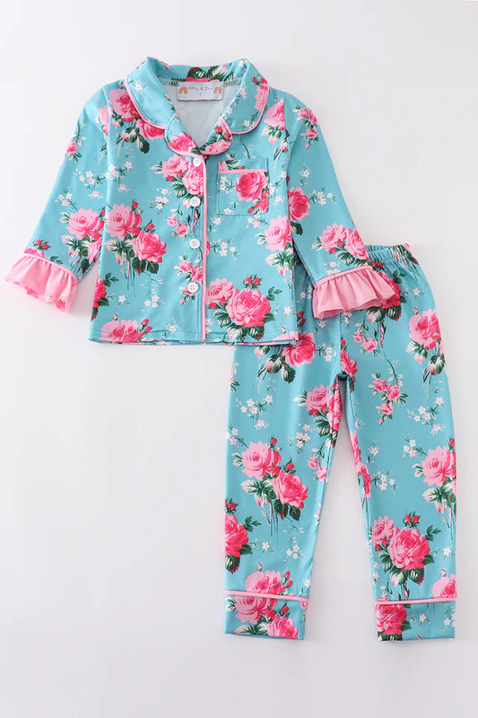 Mint Floral Ruffle Pajamas