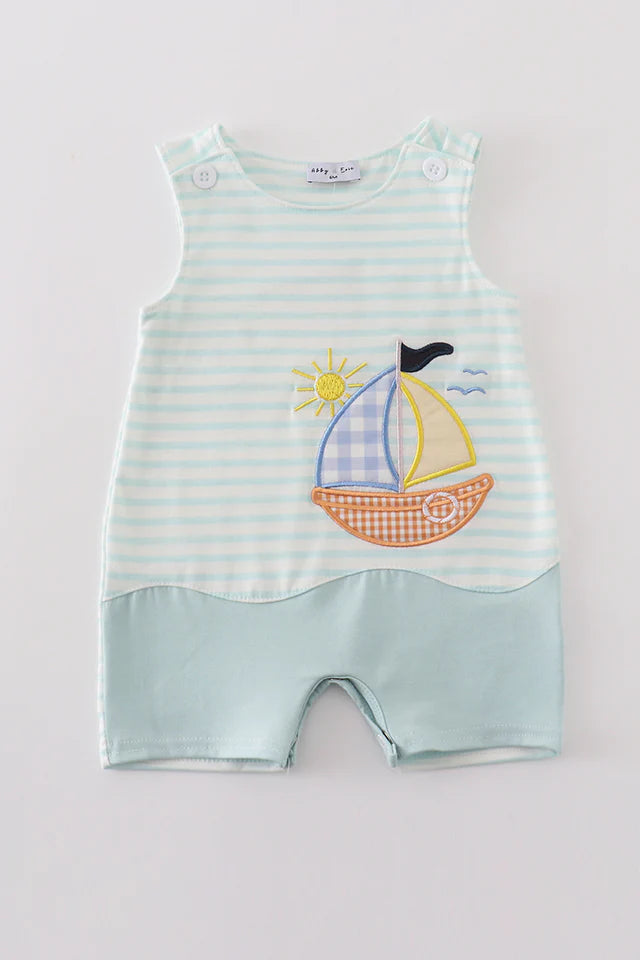 Blue stripe sailboat applique boy bubble
