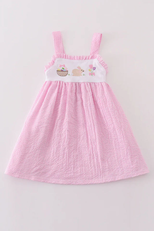 Pink seersucker bunny floral embroidery dress