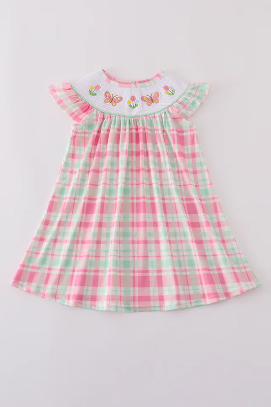 Pink floal butterfly embroidery smocked plaid dress