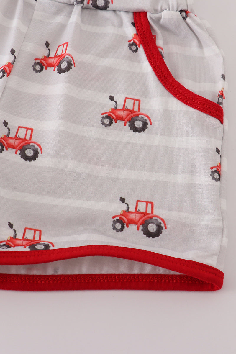 Red tractor embroidery shorts set