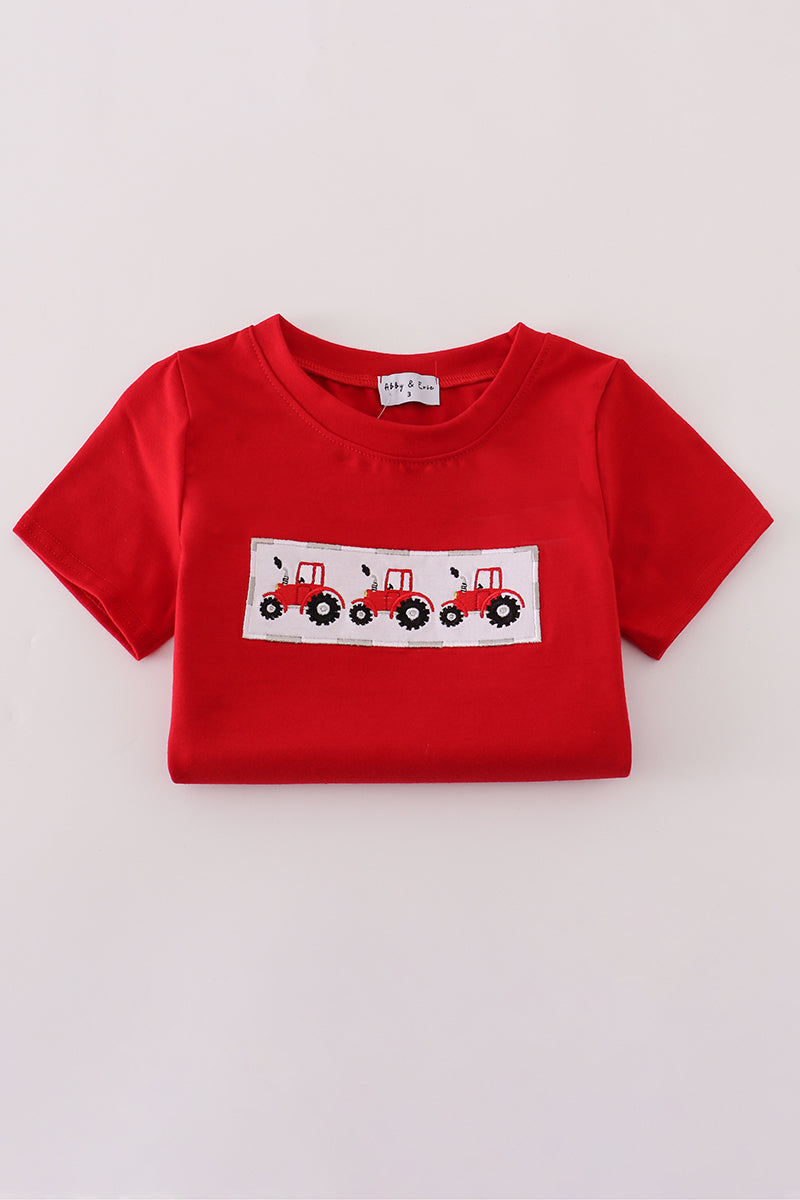 Red tractor embroidery shorts set