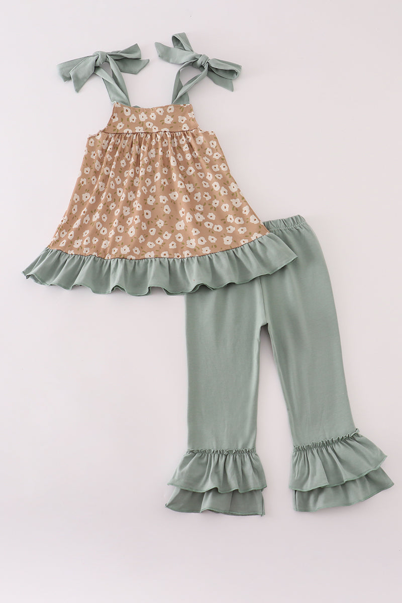 Mustard & mint floral print ruffle pants set