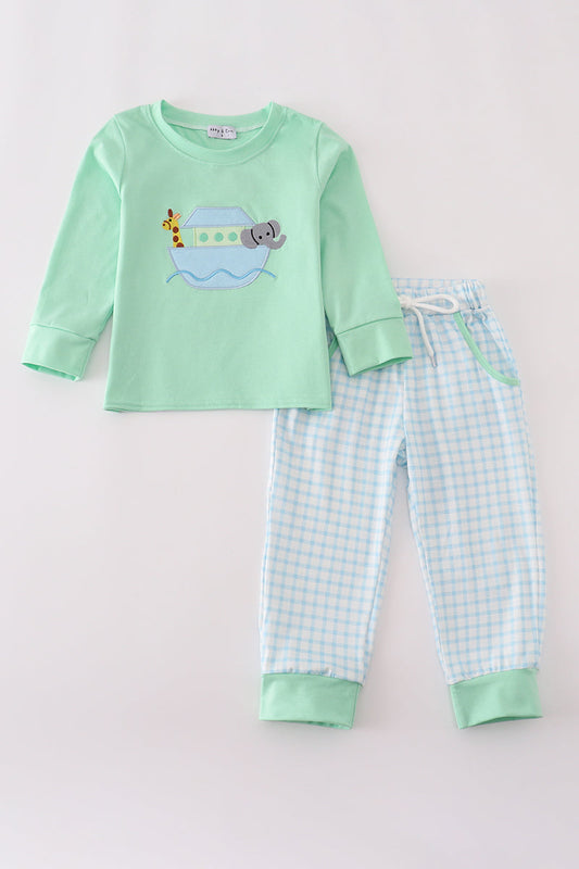 Green Noah's Ark applique pants set