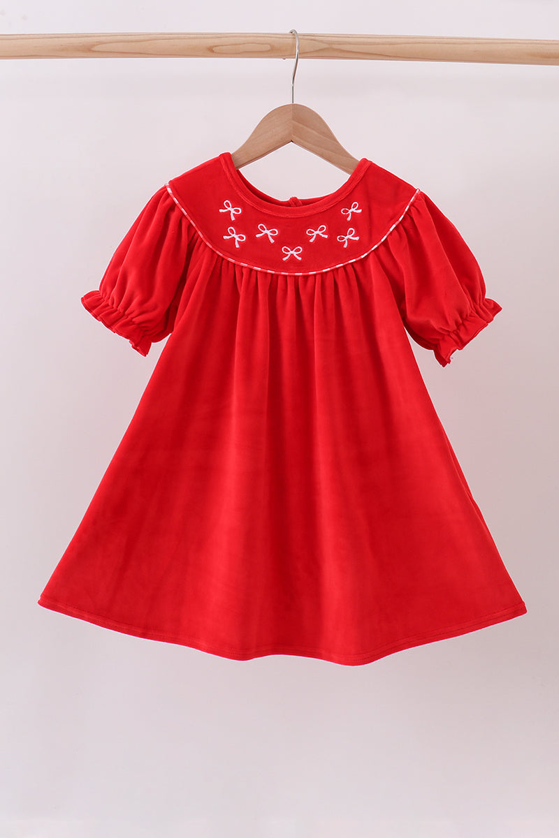 Red bow embroidery velvet dress