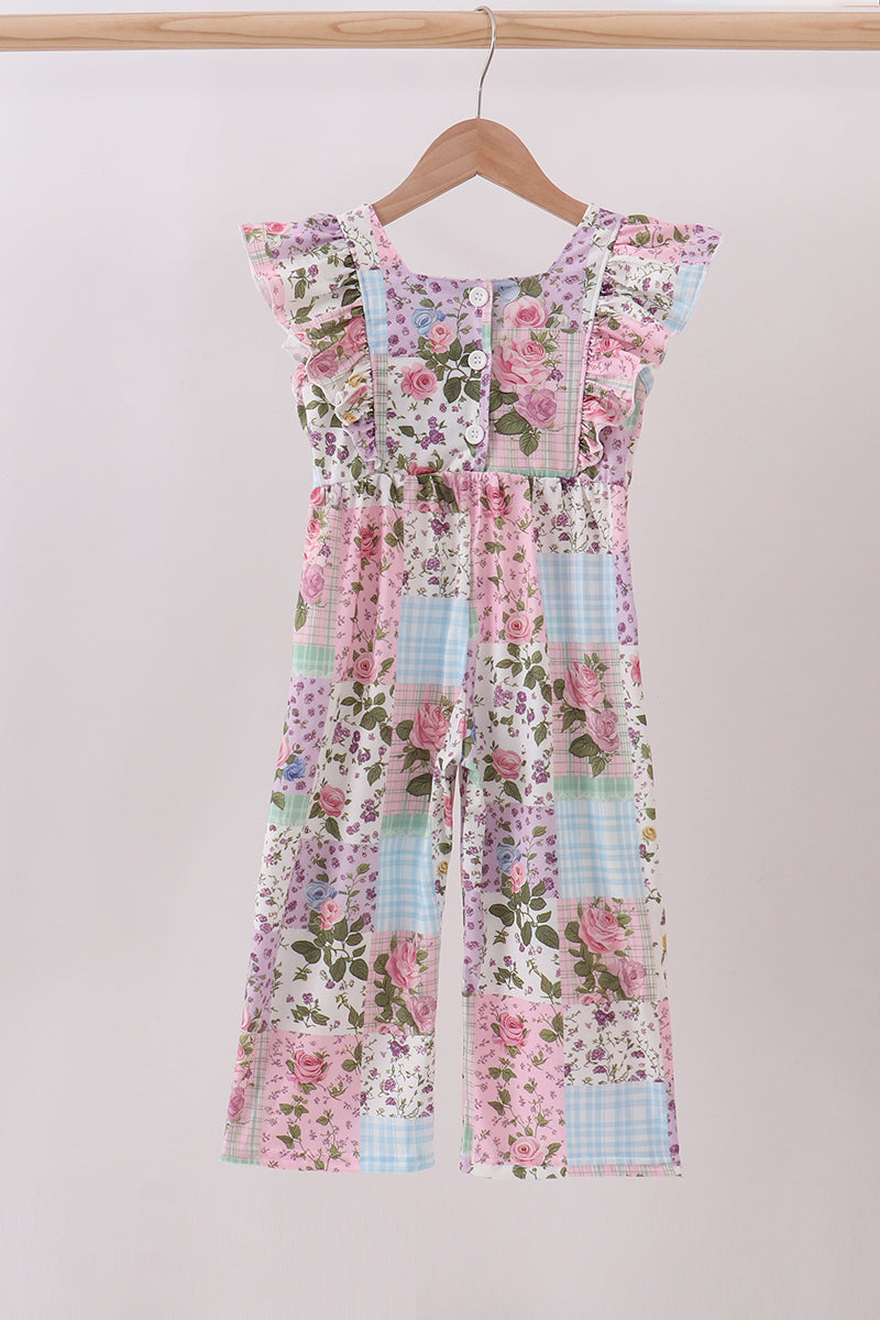 Purple floral checkered ruffle jumpsuit