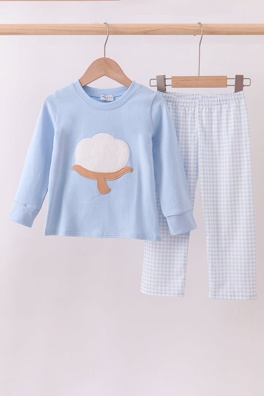 Blue cotton applique gingham pants set