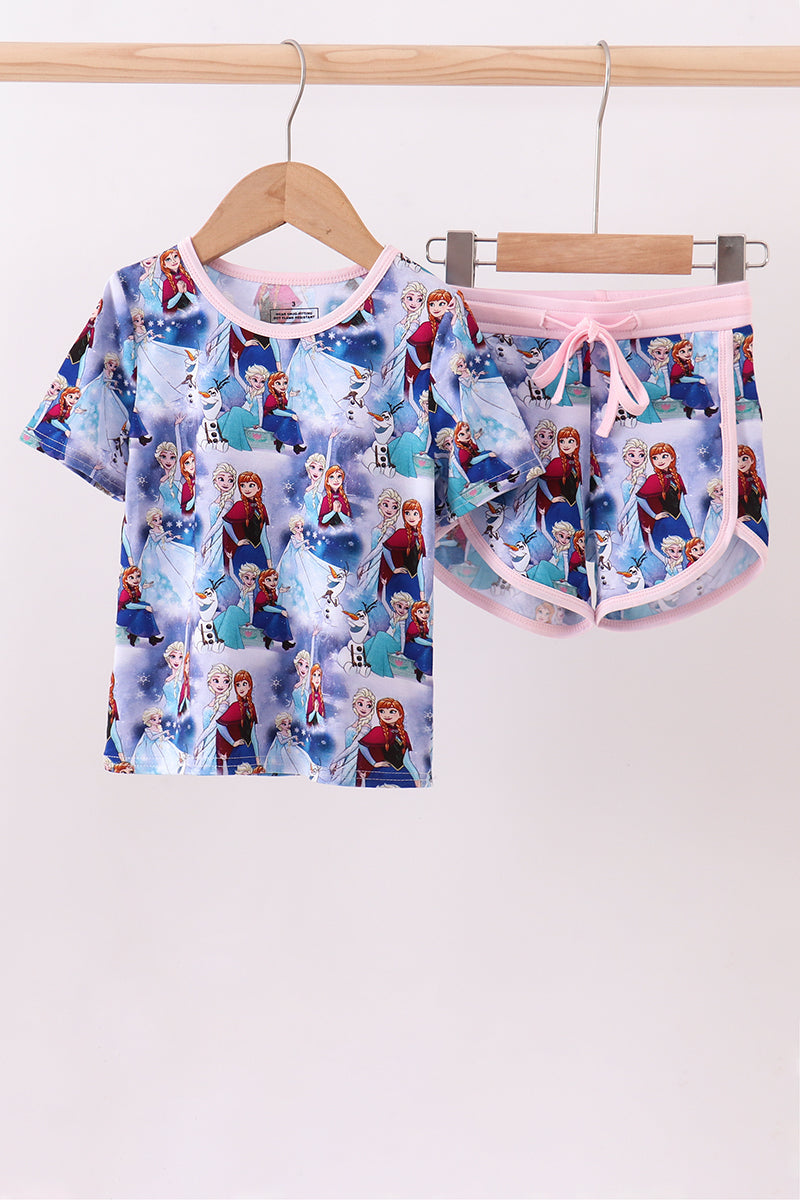 Blue frozen print bamboo shorts set