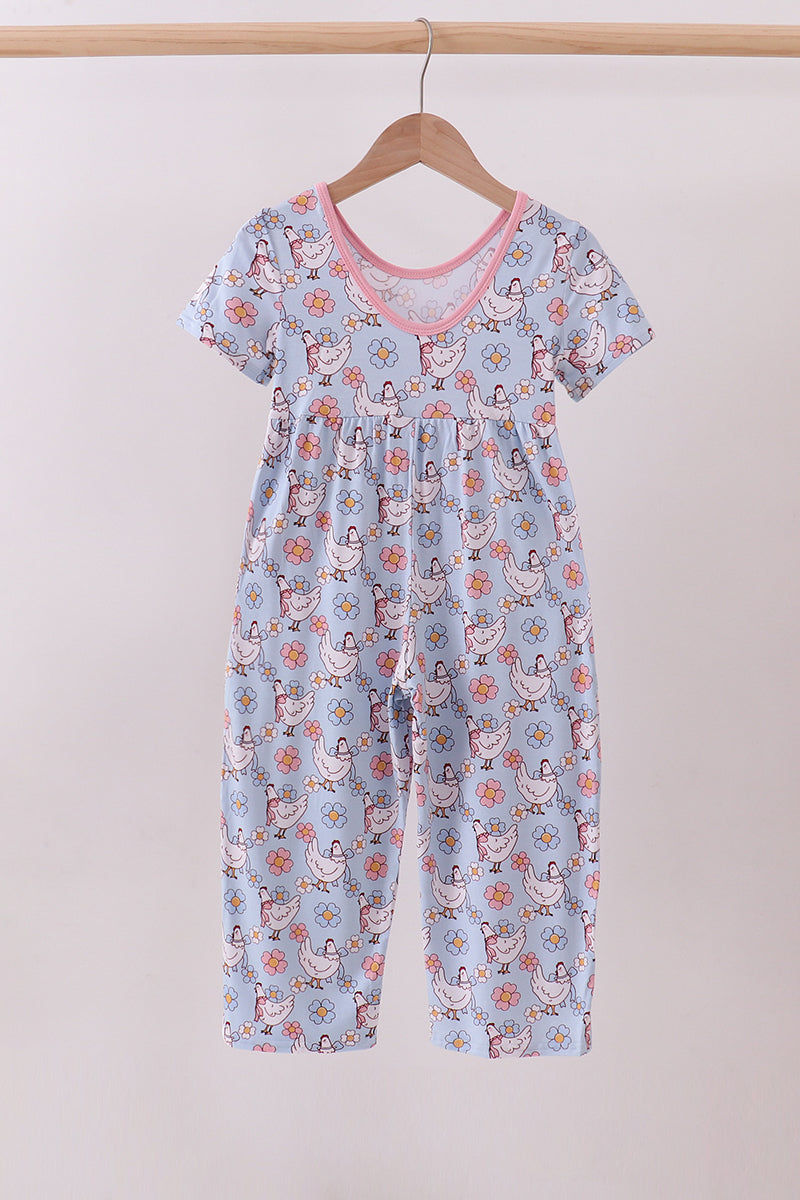 Blue chicken floral print pajama jumpsuit