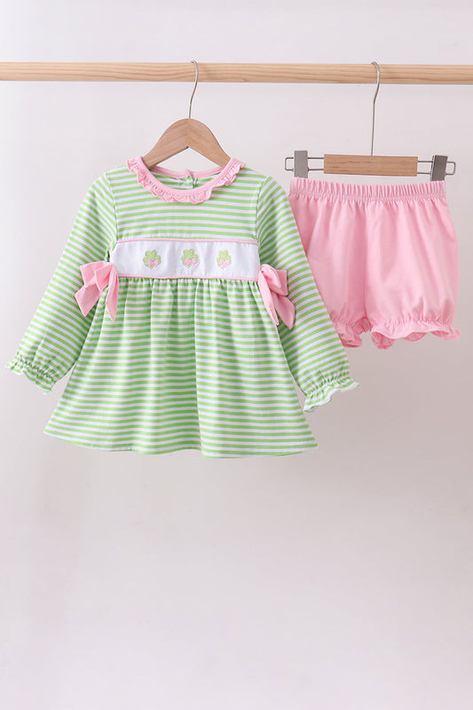 Green clover embroidery stripe bow bloomer set