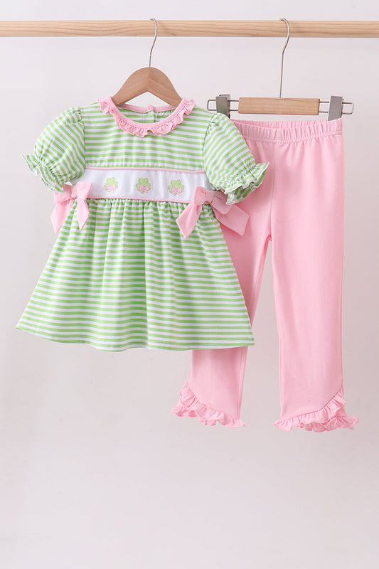 Green clover embroidery stripe bow pants set