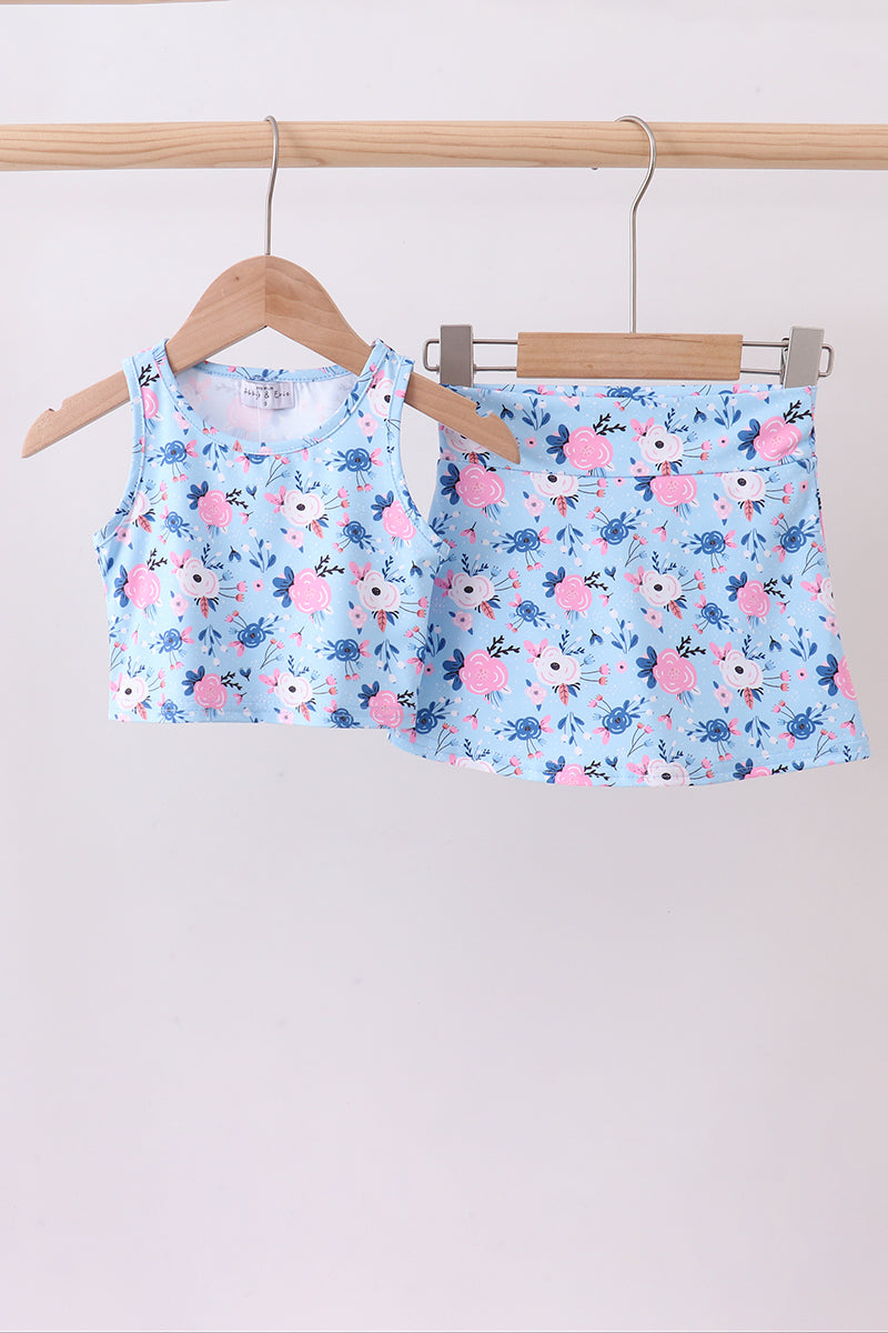 Blue floral active skorts set