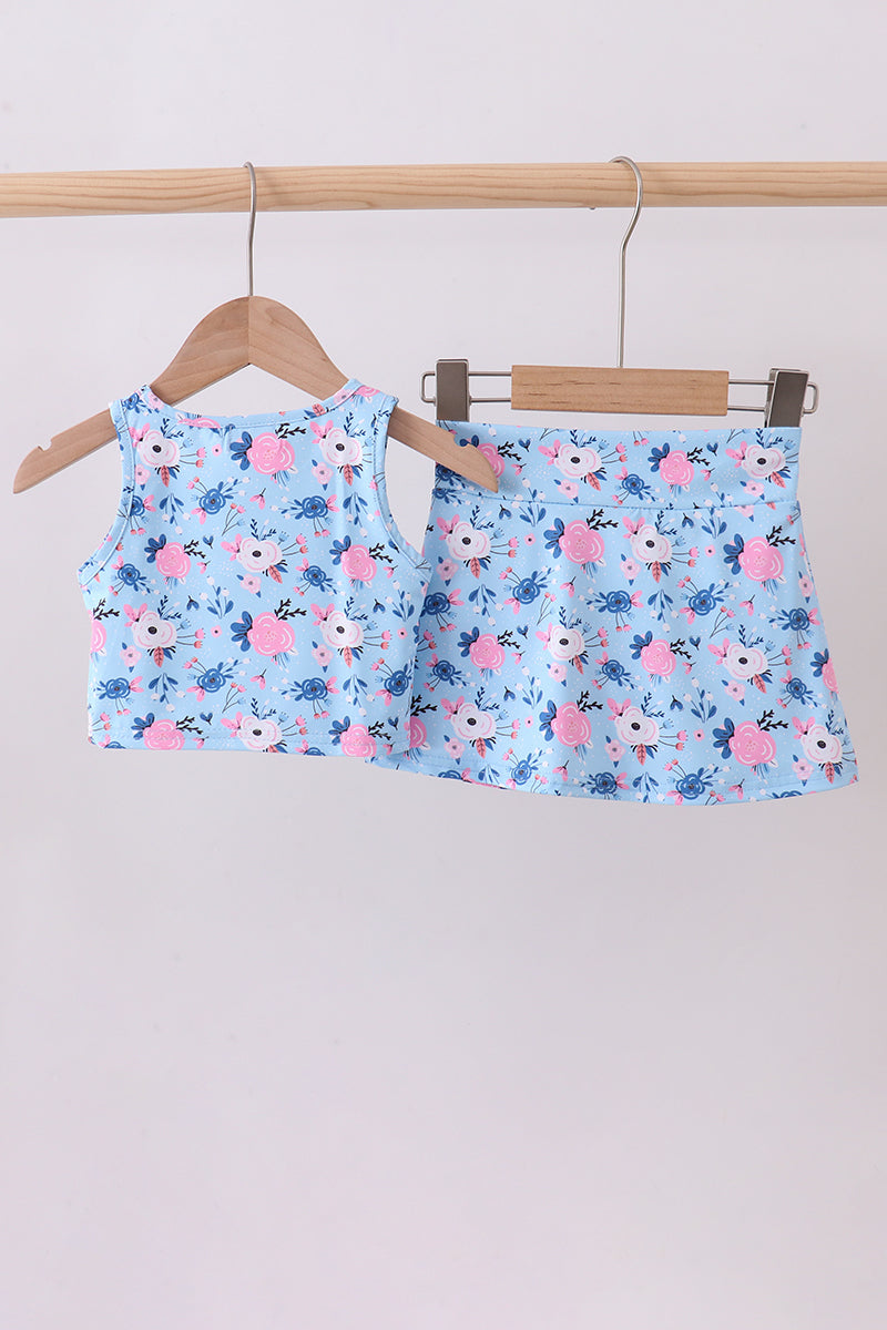Blue floral active skorts set