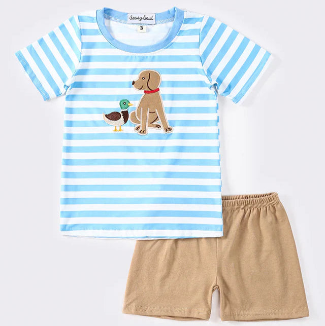 Blue stripe puppy duck applique boy set