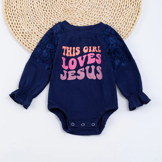 This Girl Loves Jesus Lace Sleeve Romper