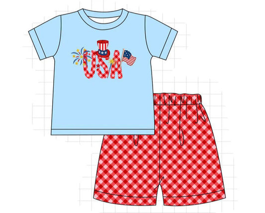 Blue patriotic USA embroidered 2pc Boy Set