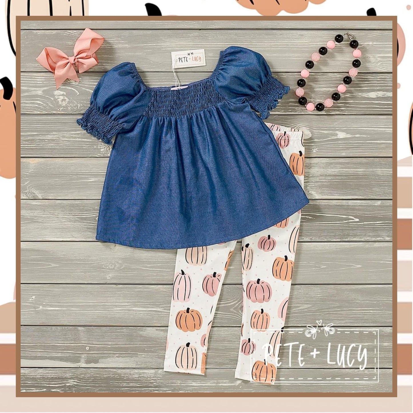 Denim Pumpkin Smocked 2pc Set