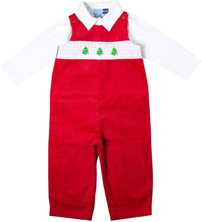 Red Corduroy Smocked Overall Set