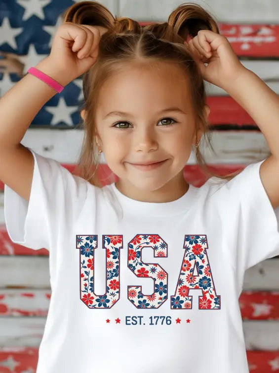 Floral USA 4th of July Girls Tee Shirt, America