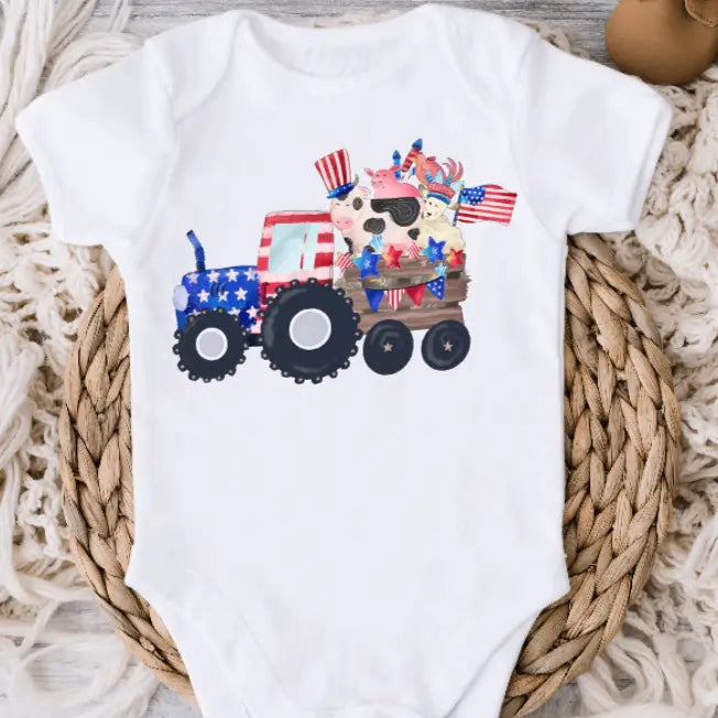 4th of July Tractor with Flags Summer Baby Onesie