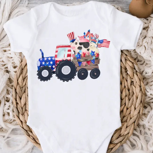 4th of July Tractor with Flags Summer Baby Onesie