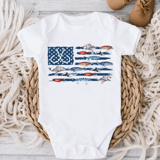 American Flag Fishing Lures Summer Baby Onesie Bodysuit