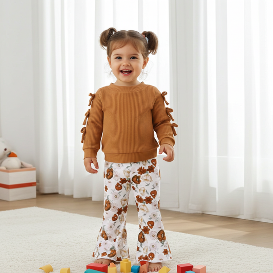 2pcs Solid  Long sleeve Top and Floral Pants Set